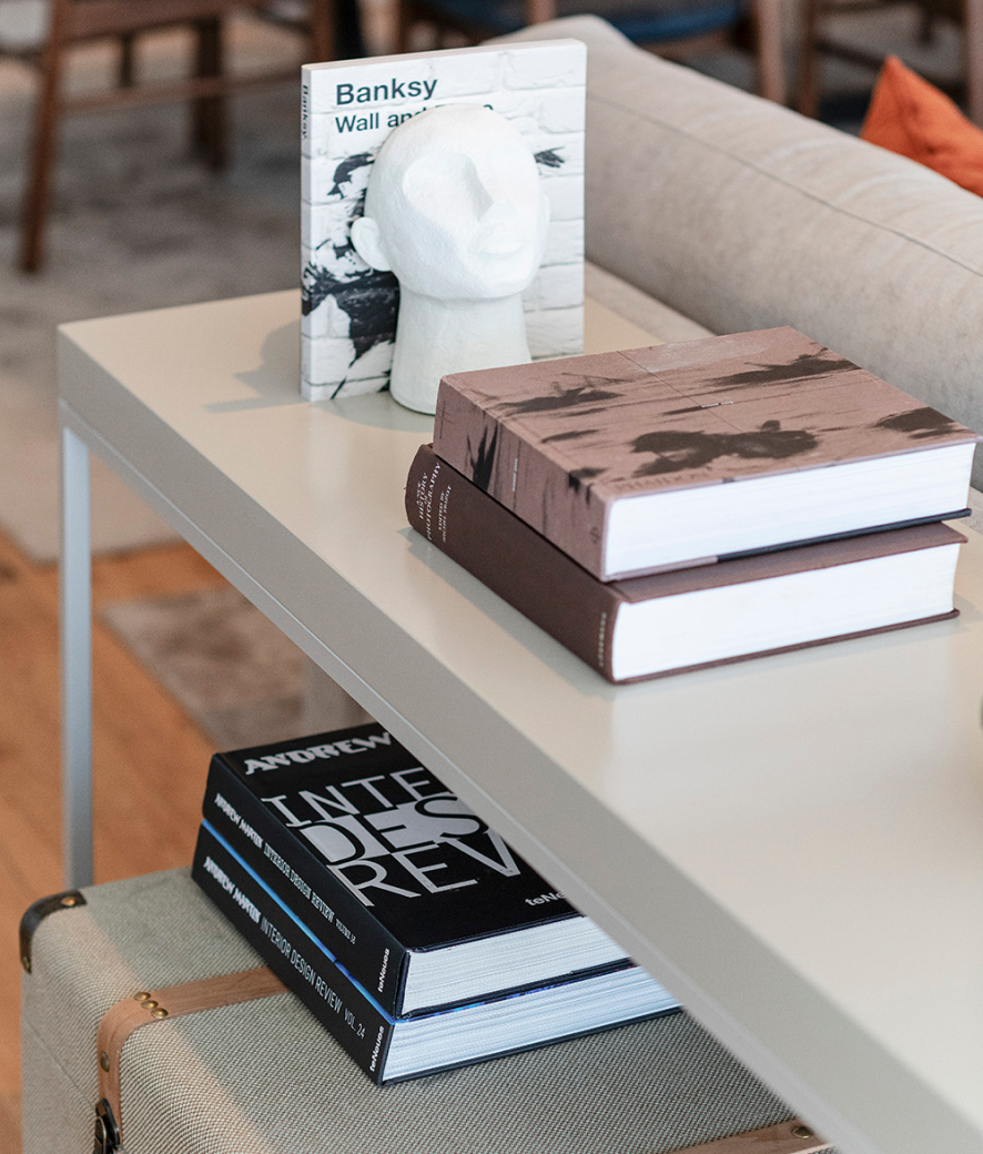 Livros decorativos na sala – Apartamento Gaia – Design de Interiores Conceição Lopes